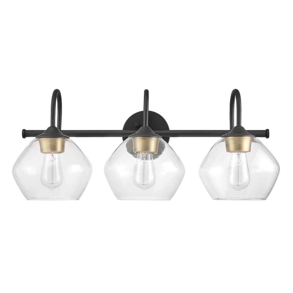 Harrow 26.3 in. 3-Light Dark Bronze Vanity Light with Antique Brass Accents and Clear Glass Shades