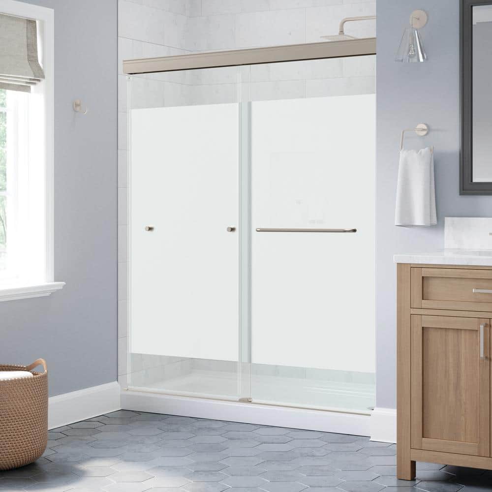 Portwood 60 in. W x 70 - 1/4 in. H Semi - Frameless Sliding Shower Door, Brushed Nickel, 6 mm Privacy Glass - Stu's Home Improvement Outlet