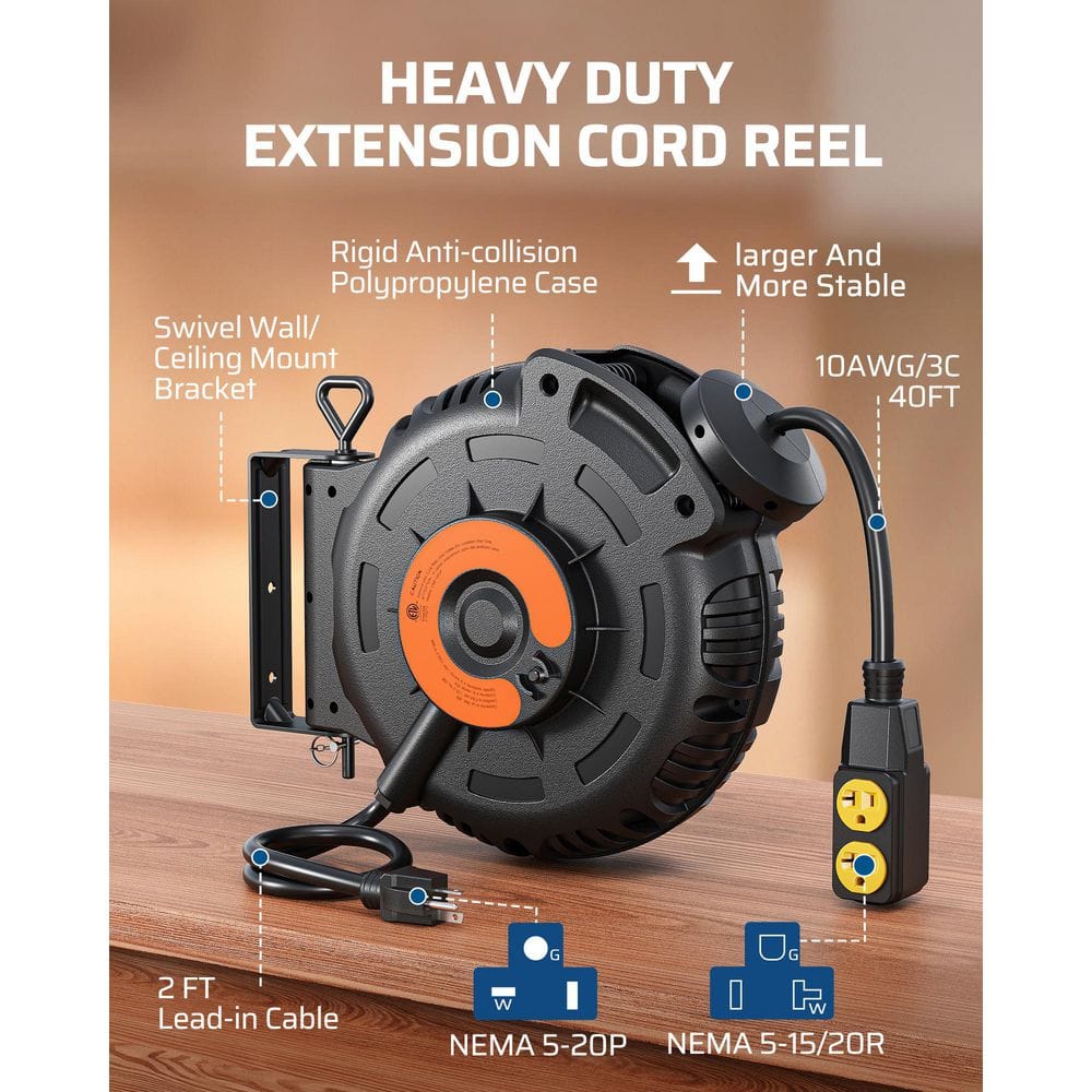 40ft. 10AWG/3C SJTW, 20 Amp Circuit Breaker, Heavy Duty Power Extension Cord Reel with 4 Grounded Outlets, Ceiling/Wall - Stu's Home Improvement Outlet