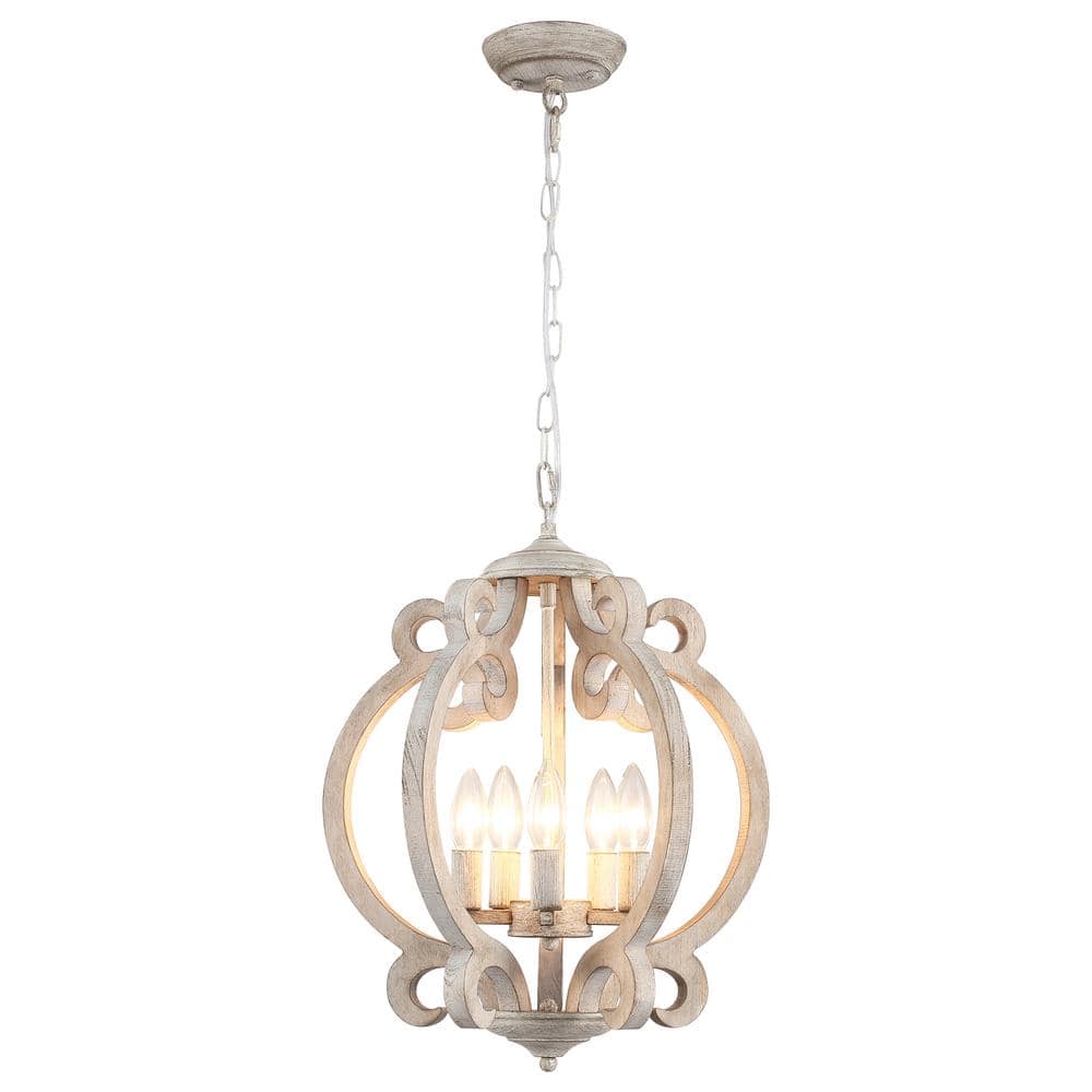 5-Light Distressed Wood Farmhouse Country Geometric Chandelier for Kitchen Island Dining Room with No Bulbs Included
