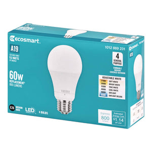 60 - Watt Equivalent A19 Dimmable LED Light Bulb with Selectable Color Temperature (4 - Pack) - Stu's Home Improvement Outlet