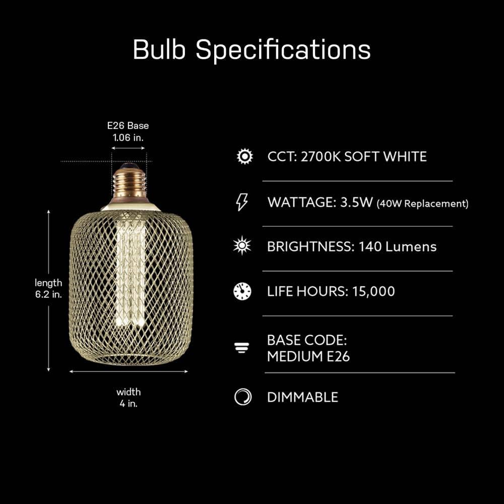 25 - Watt Equivalent Dim Vintage Specialty LED Light Bulb Mesh Cage Straight Filament Matte Gold Soft White 2700K (4 - Pack) - Stu's Home Improvement Outlet
