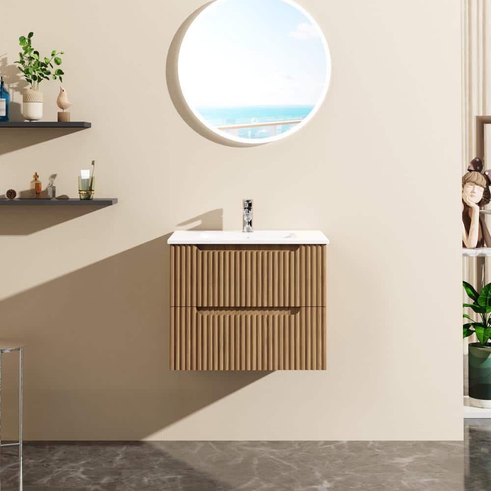 24 in. W Floating Wall Mounted Bath Vanity in Walnut with White Ceramic Top and U-shaped Drawers