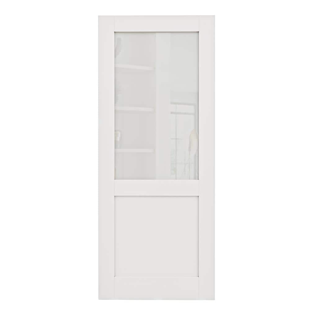 36 in. x 80 in. Solid Core MDF 1/2 Frosted Glass, Manufactured Wood Primed White Interior Door Slab for Pocket Door - Stu's Home Improvement Outlet
