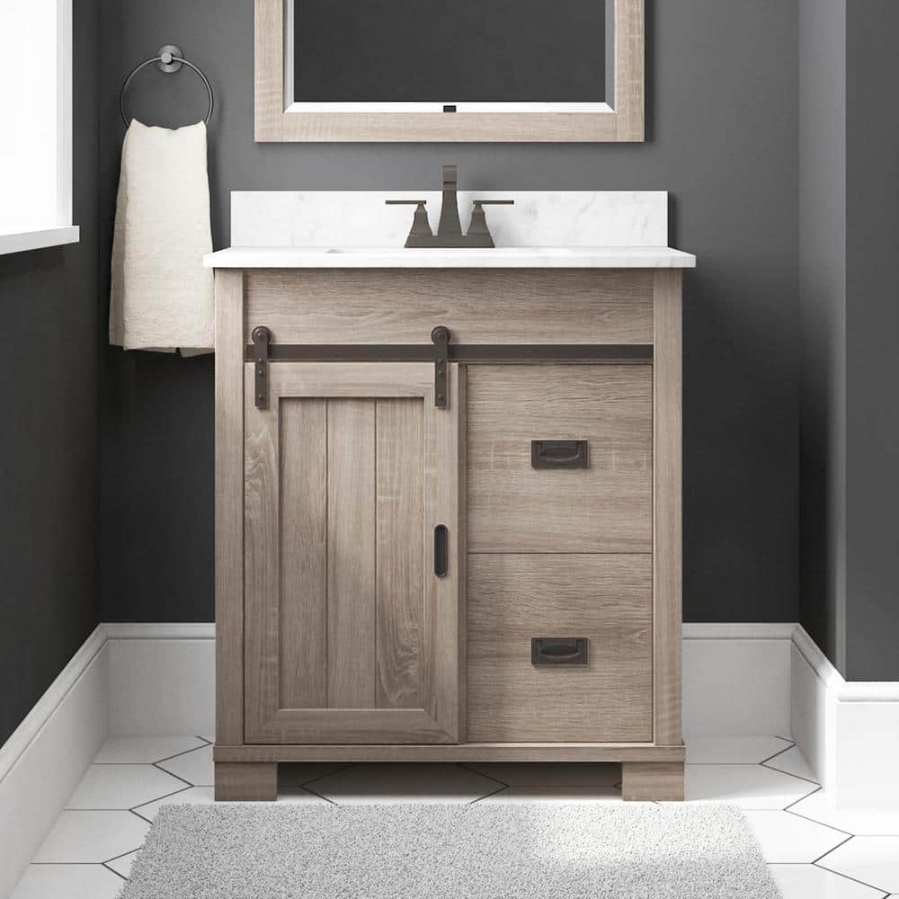 Brindley 30 in. W x 20 in. D x 35 in. H Single Sink Freestanding Bath Vanity Weathered Gray w/White Engineered Stone Top