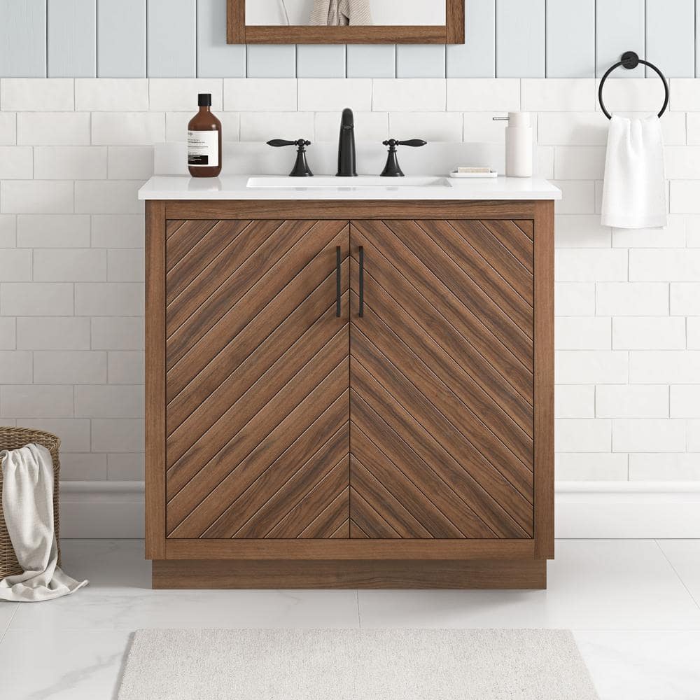 Huckleberry 36 in. Single Sink Spiced Walnut Bath Vanity with White Engineered Stone Top (Assembled) - Stu's Home Improvement Outlet
