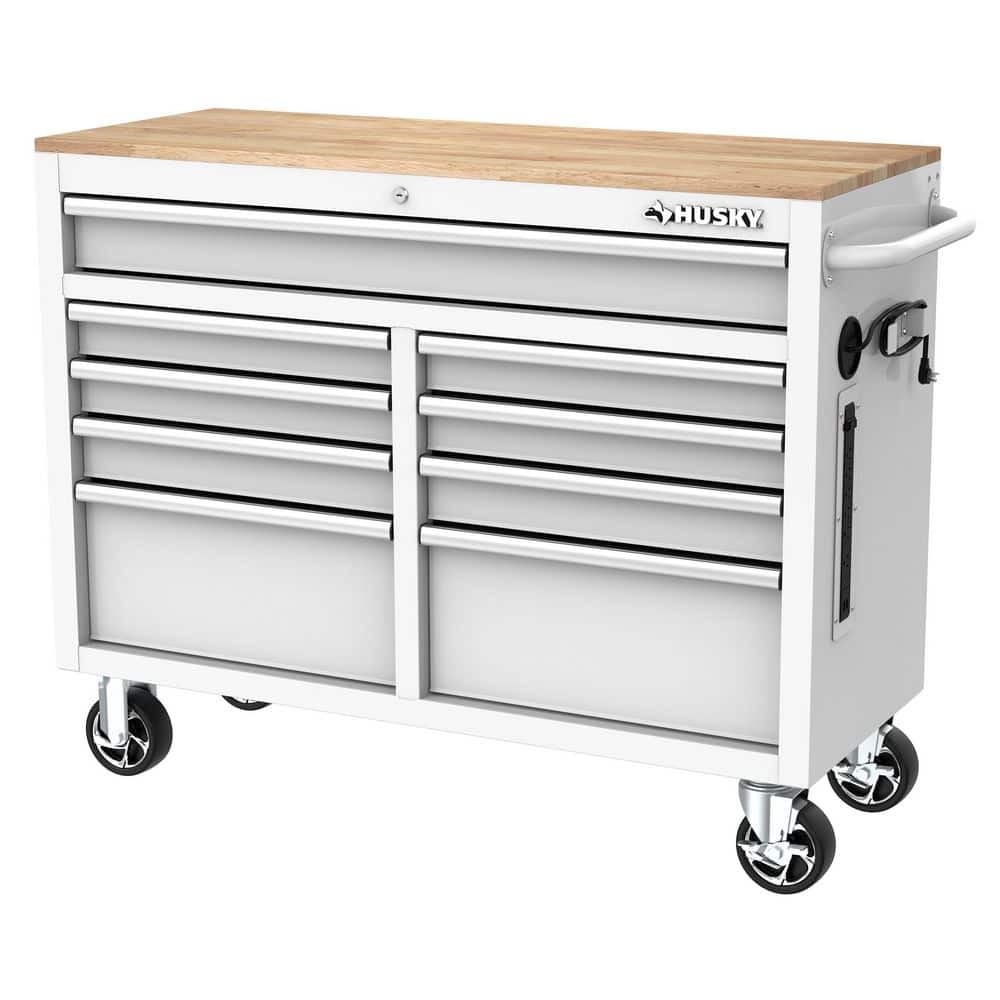 Husky Tool Storage 46 in. W x 18 in. D 9 - Drawer Gloss White Mobile Workbench Cabinet - Stu's Home Improvement Outlet