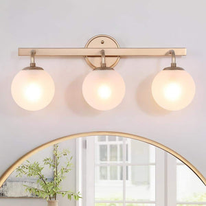Brass Globe Bathroom Vanity Light, 3 - Light Modern Gold Bedroom Wall Sconce Light with Frosted Glass Shades - Stu's Home Improvement Outlet
