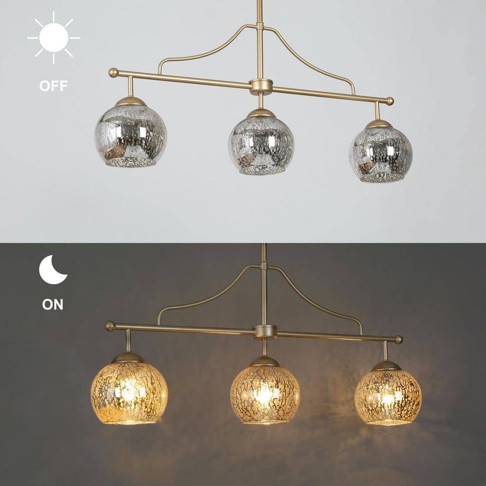 3 - Light Modern Gold Kitchen Island Chandelier Lighting, Transitional Linear Pendant Hanging Light with Mercury Glass - Stu's Home Improvement Outlet