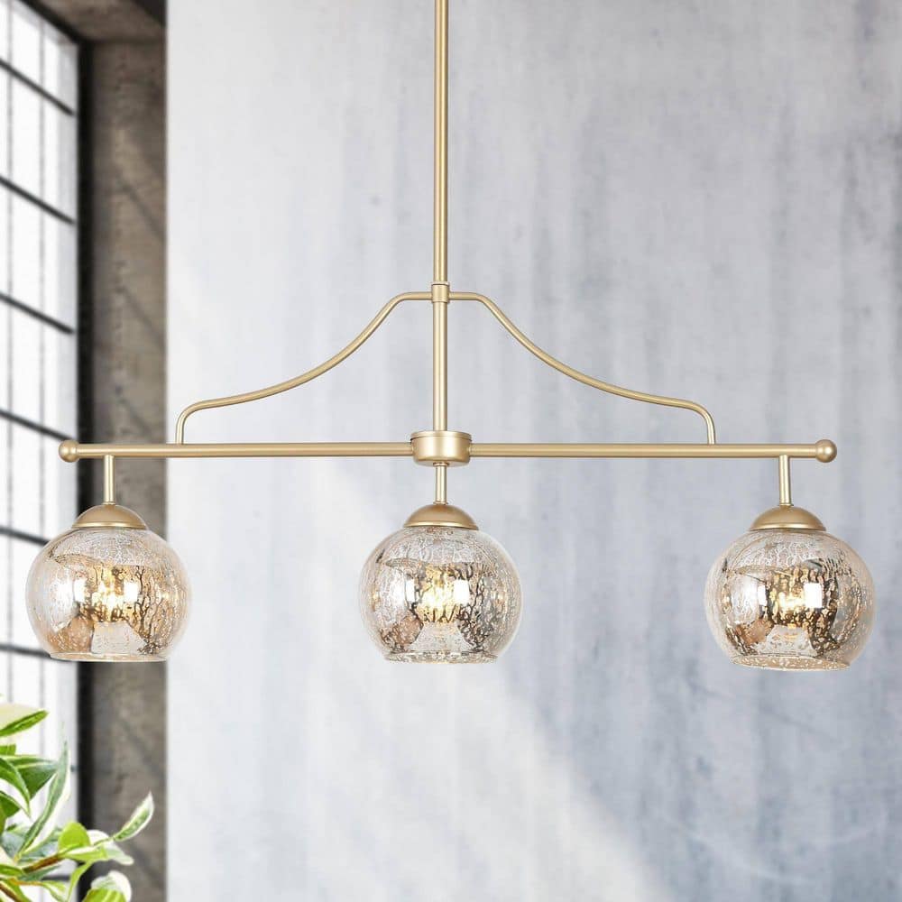 3 - Light Modern Gold Kitchen Island Chandelier Lighting, Transitional Linear Pendant Hanging Light with Mercury Glass - Stu's Home Improvement Outlet