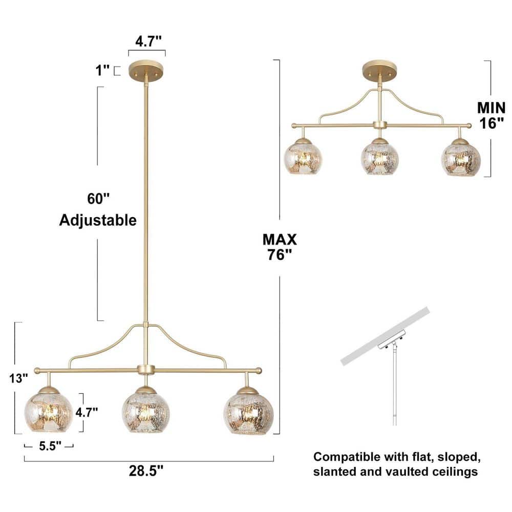 3 - Light Modern Gold Kitchen Island Chandelier Lighting, Transitional Linear Pendant Hanging Light with Mercury Glass - Stu's Home Improvement Outlet