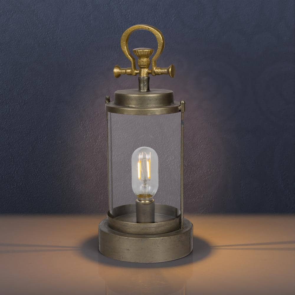 15 in. Vintage Metal and Glass Outdoor Lantern w/Warm Battery Operated LED, Gold - Stu's Home Improvement Outlet