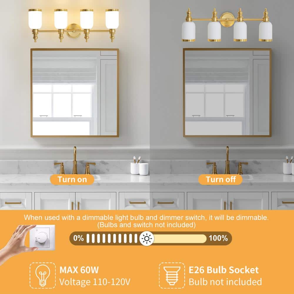 27.75 in. Gold 4 - Light Bathroom Vanity Light with Milky White Glass Shades, Dimmable, Suitable for Bathroom Living Room - Stu's Home Improvement Outlet