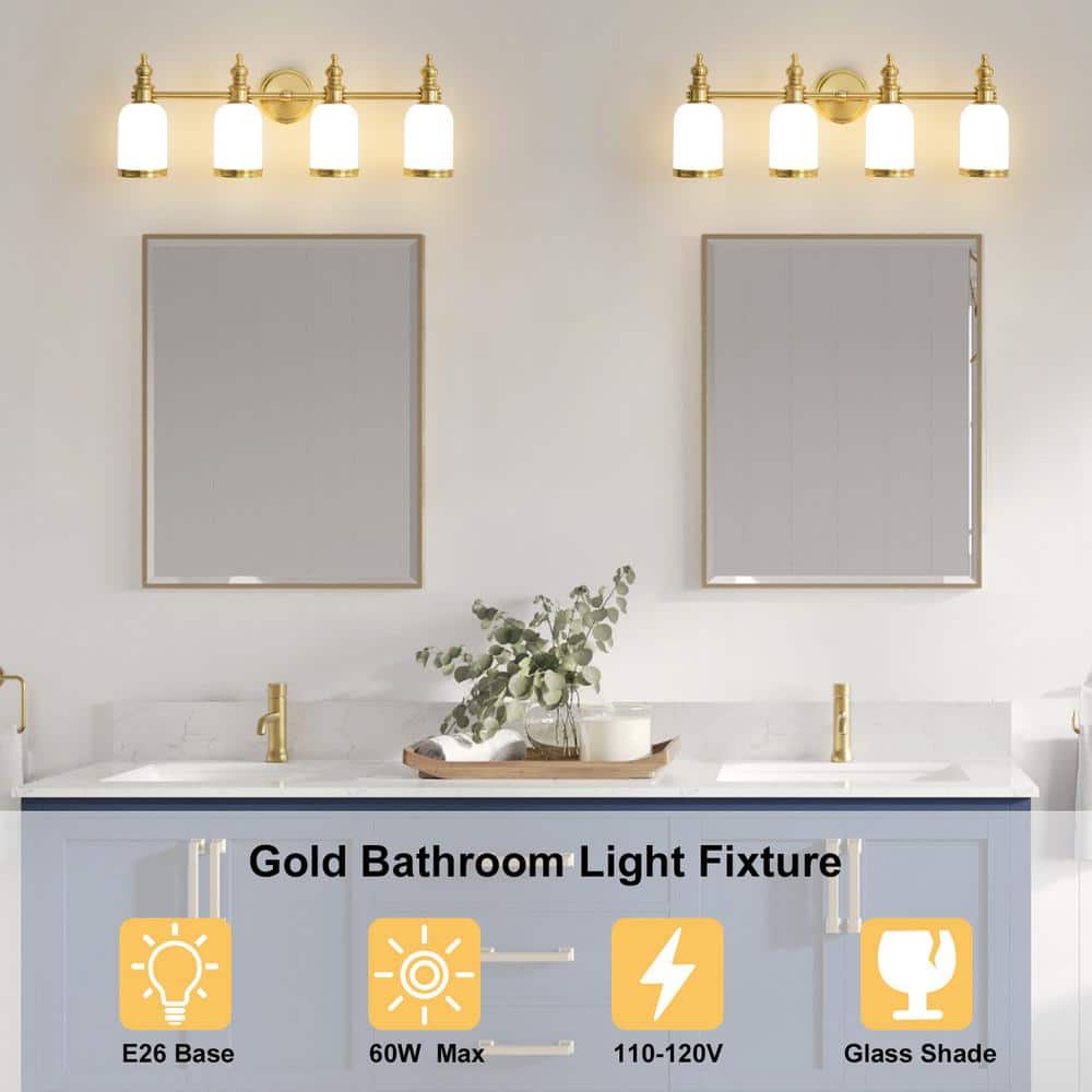 27.75 in. Gold 4 - Light Bathroom Vanity Light with Milky White Glass Shades, Dimmable, Suitable for Bathroom Living Room - Stu's Home Improvement Outlet