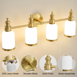 27.75 in. Gold 4 - Light Bathroom Vanity Light with Milky White Glass Shades, Dimmable, Suitable for Bathroom Living Room - Stu's Home Improvement Outlet