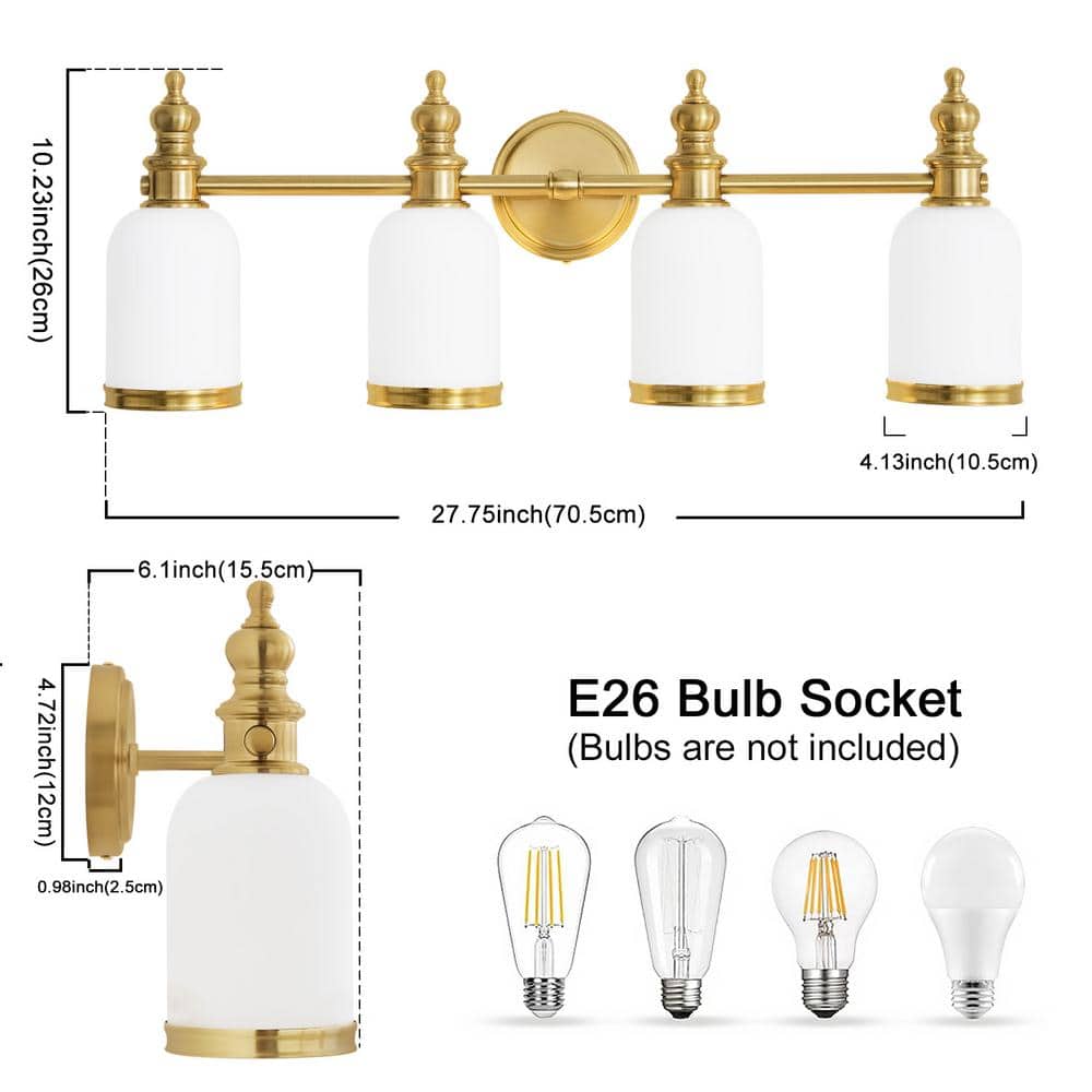 27.75 in. Gold 4 - Light Bathroom Vanity Light with Milky White Glass Shades, Dimmable, Suitable for Bathroom Living Room - Stu's Home Improvement Outlet