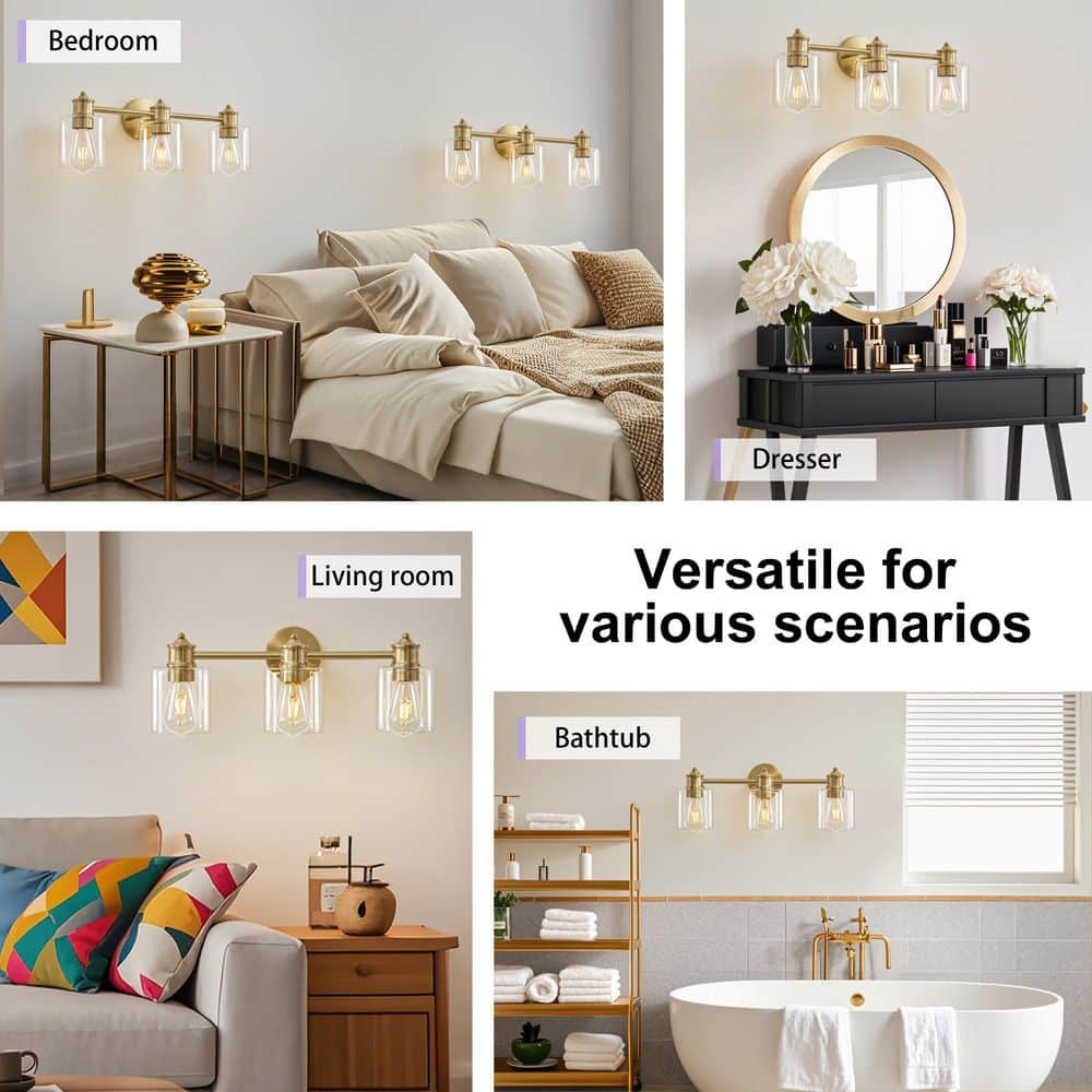 Modern 22.44 in. 3 - Light Gold Vanity Light with Clear Glass Shade Dimmable Bathroom Vanity Light - Stu's Home Improvement Outlet