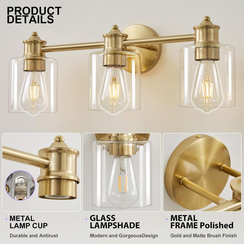 Modern 22.44 in. 3 - Light Gold Vanity Light with Clear Glass Shade Dimmable Bathroom Vanity Light - Stu's Home Improvement Outlet