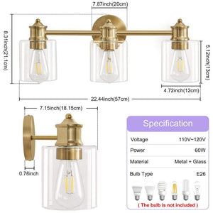 Modern 22.44 in. 3 - Light Gold Vanity Light with Clear Glass Shade Dimmable Bathroom Vanity Light - Stu's Home Improvement Outlet