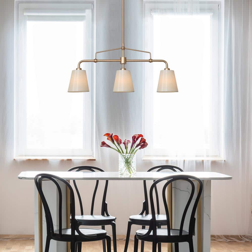Modern Farmhouse Gold Bedroom Chandelier, 25 in. 3 - Light Kitchen Island Linear Pendant Light with Fabric Shade - Stu's Home Improvement Outlet