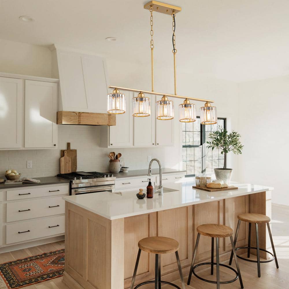 5-Light Gold Modern/Contemporary Linear Hanging Pendant Light Farmhouse Kitchen Island Light with Glass Crystal Shade