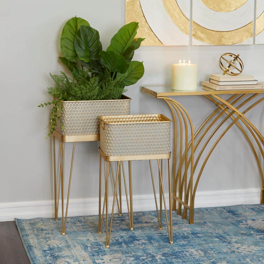 30 in., and 27 in. Extra Large Gold Metal Indoor Outdoor Planter with Removable Stand (2 - Pack) - Stu's Home Improvement Outlet