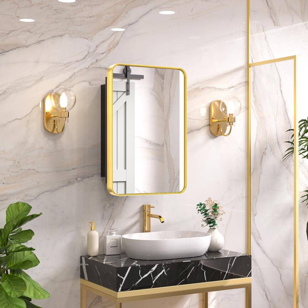16 in. W x 24 in. H Rectangular Brass Gold Aluminum Alloy Framed Recessed/Surface Mount Medicine Cabinet with Mirror