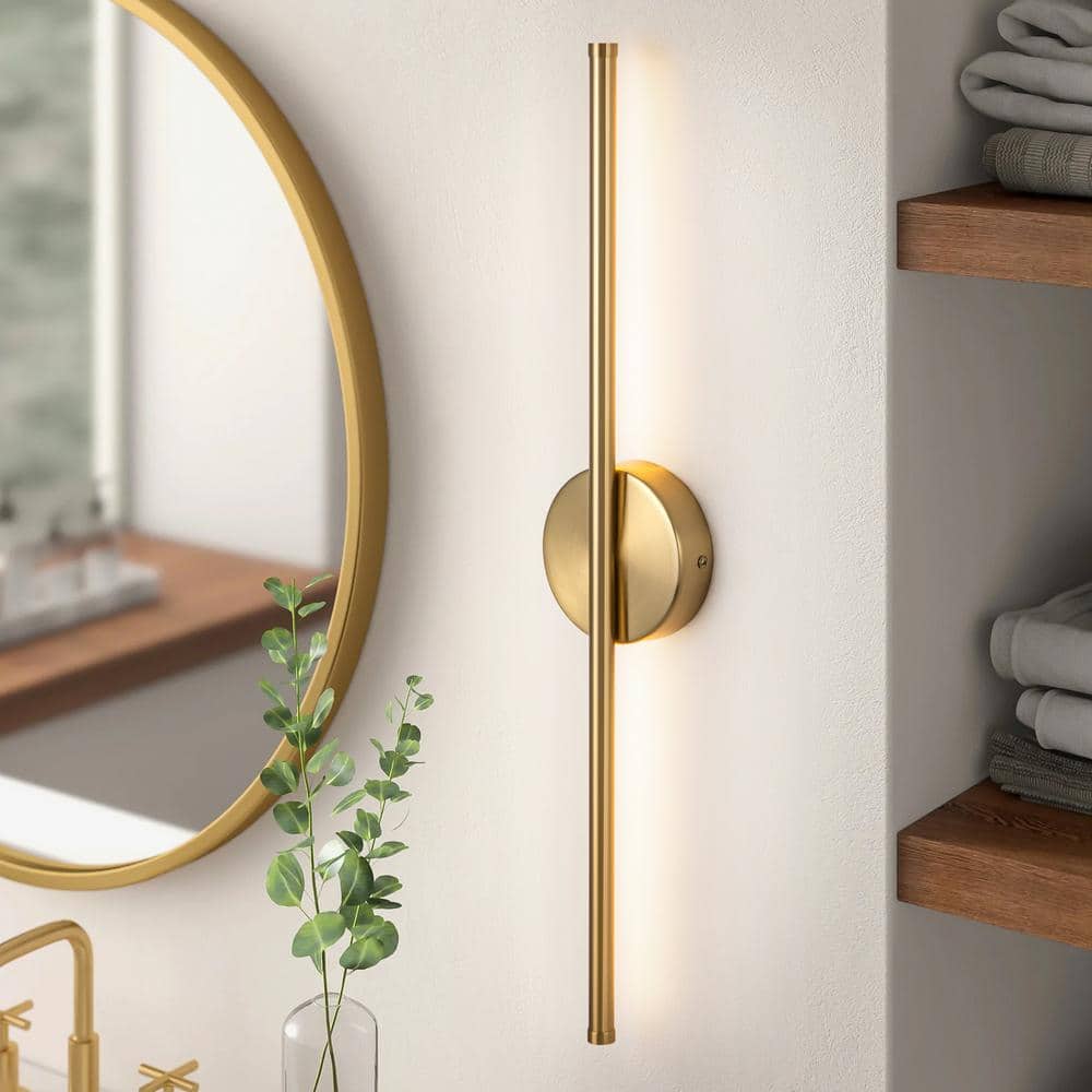 Byers 23.6 in. 1 - Light Gold Modern Linear 3000K Warm Light LED Bathroom Vanity Light Wall Sconce with Round Backplate - Stu's Home Improvement Outlet
