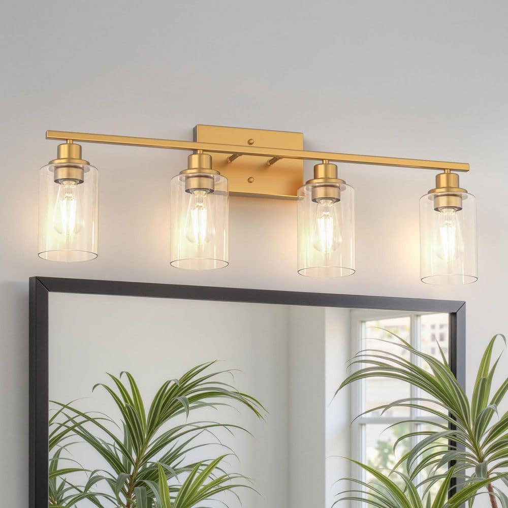 32 in. 4 - Light Gold Industrial Bathroom Vanity Light with Clear Glass Shades, Wall Mount Over Mirror Light Fixture - Stu's Home Improvement Outlet