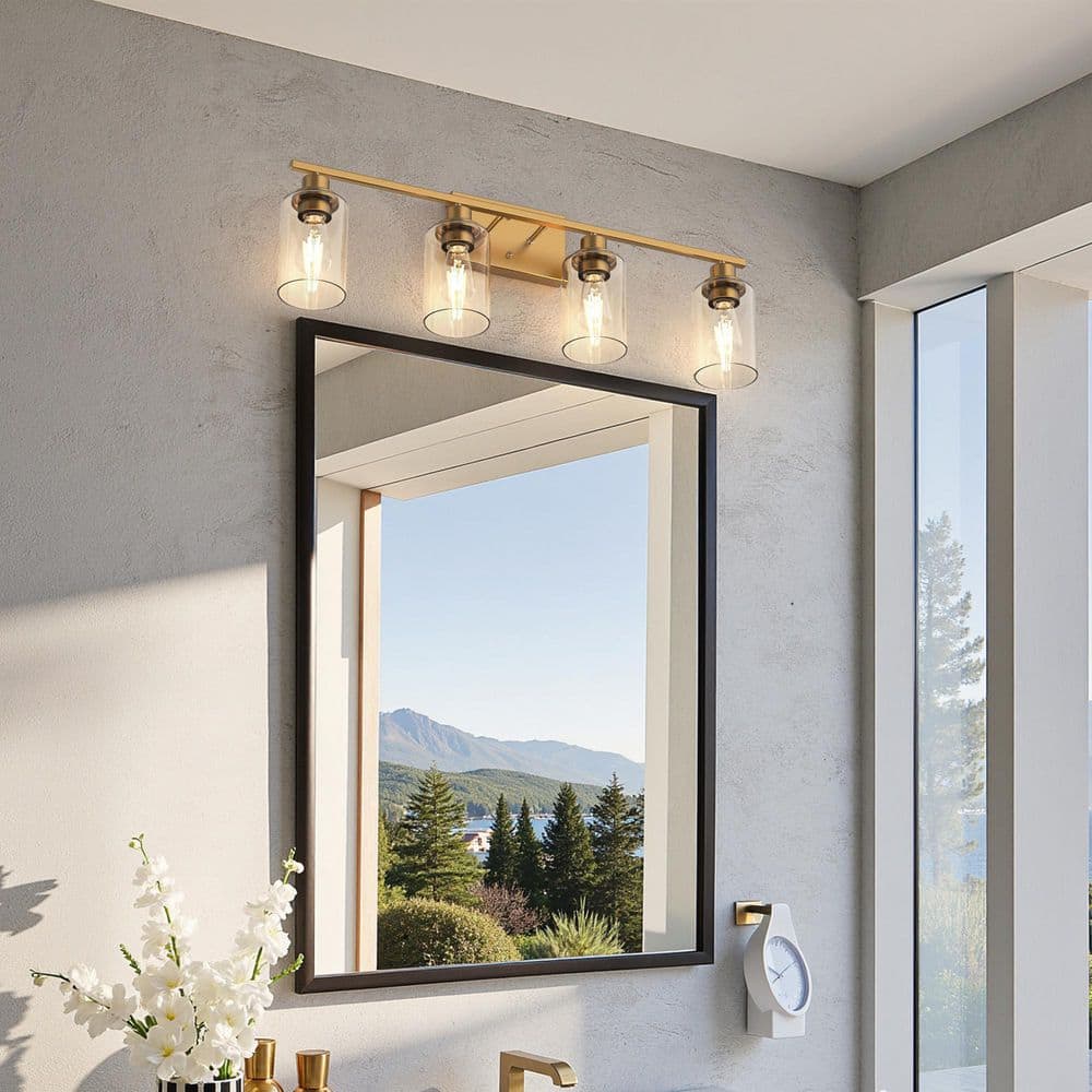 32 in. 4 - Light Gold Industrial Bathroom Vanity Light with Clear Glass Shades, Wall Mount Over Mirror Light Fixture - Stu's Home Improvement Outlet