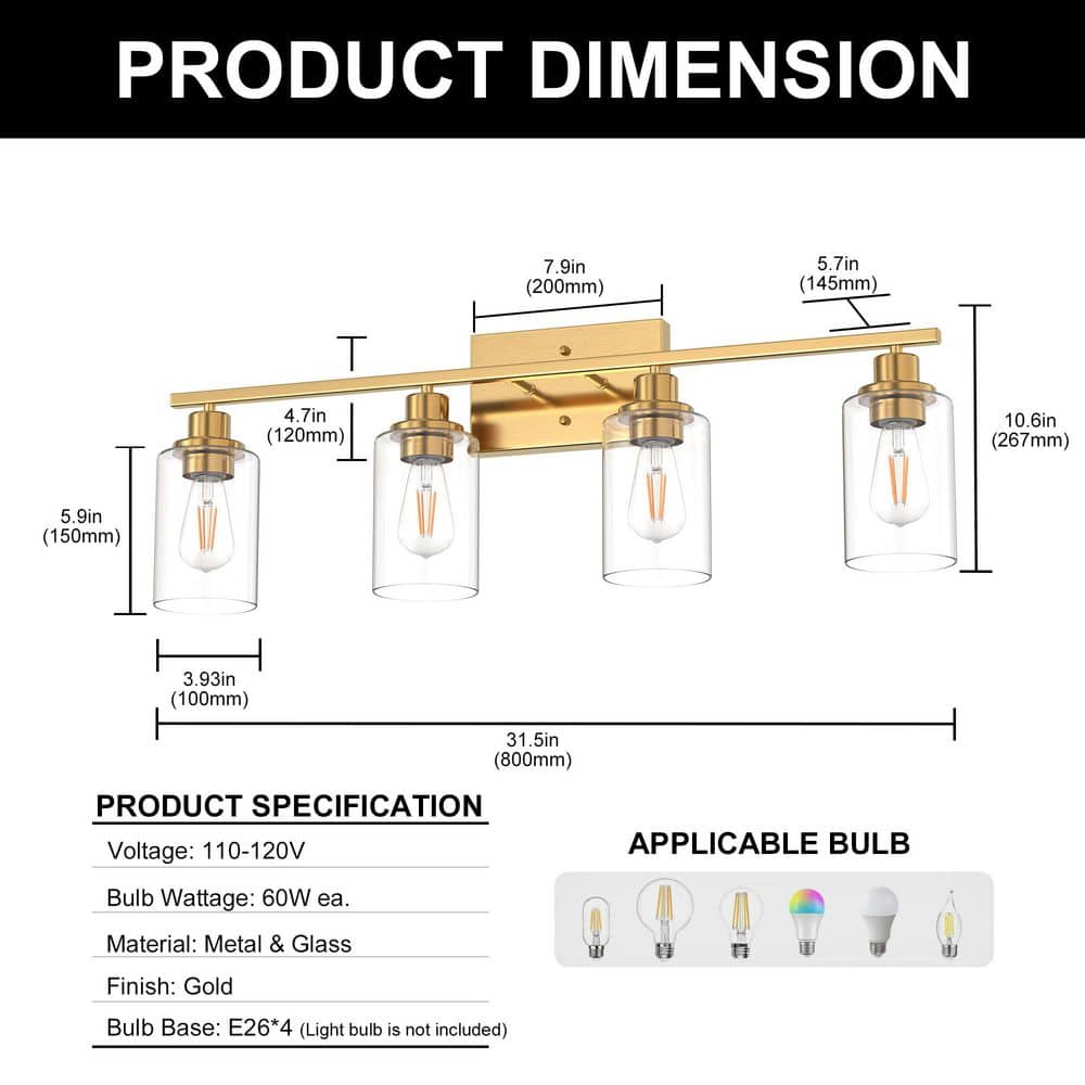 32 in. 4 - Light Gold Industrial Bathroom Vanity Light with Clear Glass Shades, Wall Mount Over Mirror Light Fixture - Stu's Home Improvement Outlet