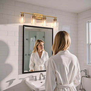 32 in. 4 - Light Gold Industrial Bathroom Vanity Light with Clear Glass Shades, Wall Mount Over Mirror Light Fixture - Stu's Home Improvement Outlet