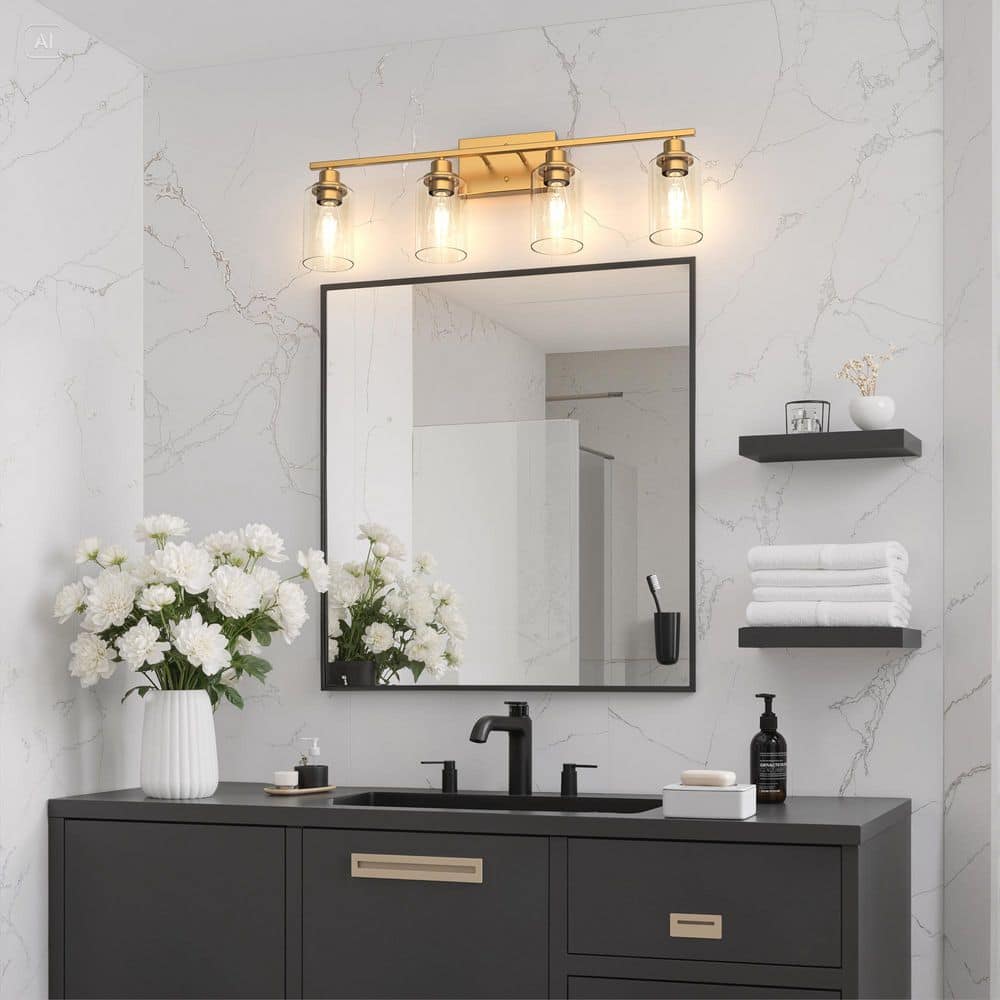 32 in. 4 - Light Gold Industrial Bathroom Vanity Light with Clear Glass Shades, Wall Mount Over Mirror Light Fixture - Stu's Home Improvement Outlet