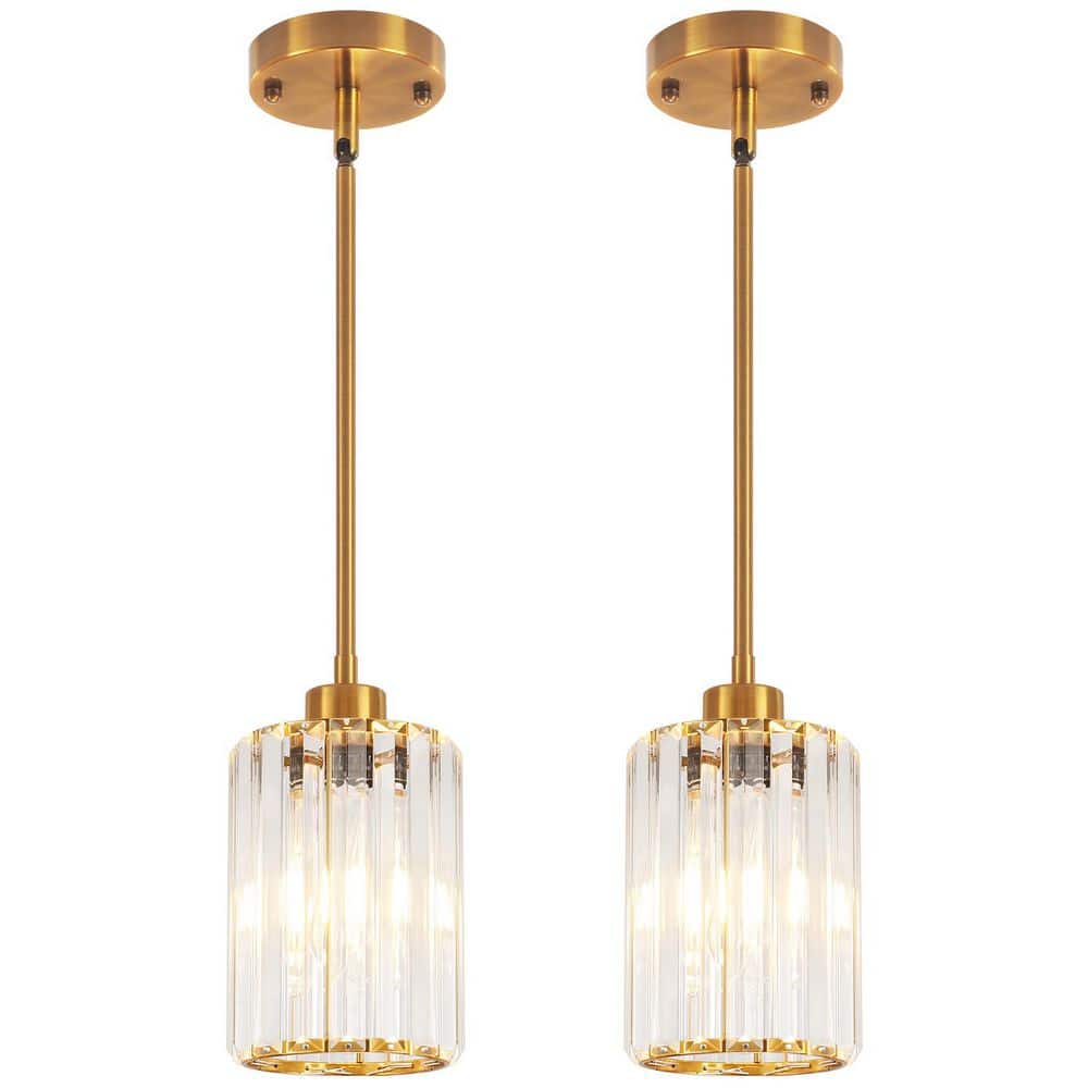 2 - Light Gold Modern Pendant Light with Crystal Glass Shades and Adjustable Height - Stu's Home Improvement Outlet