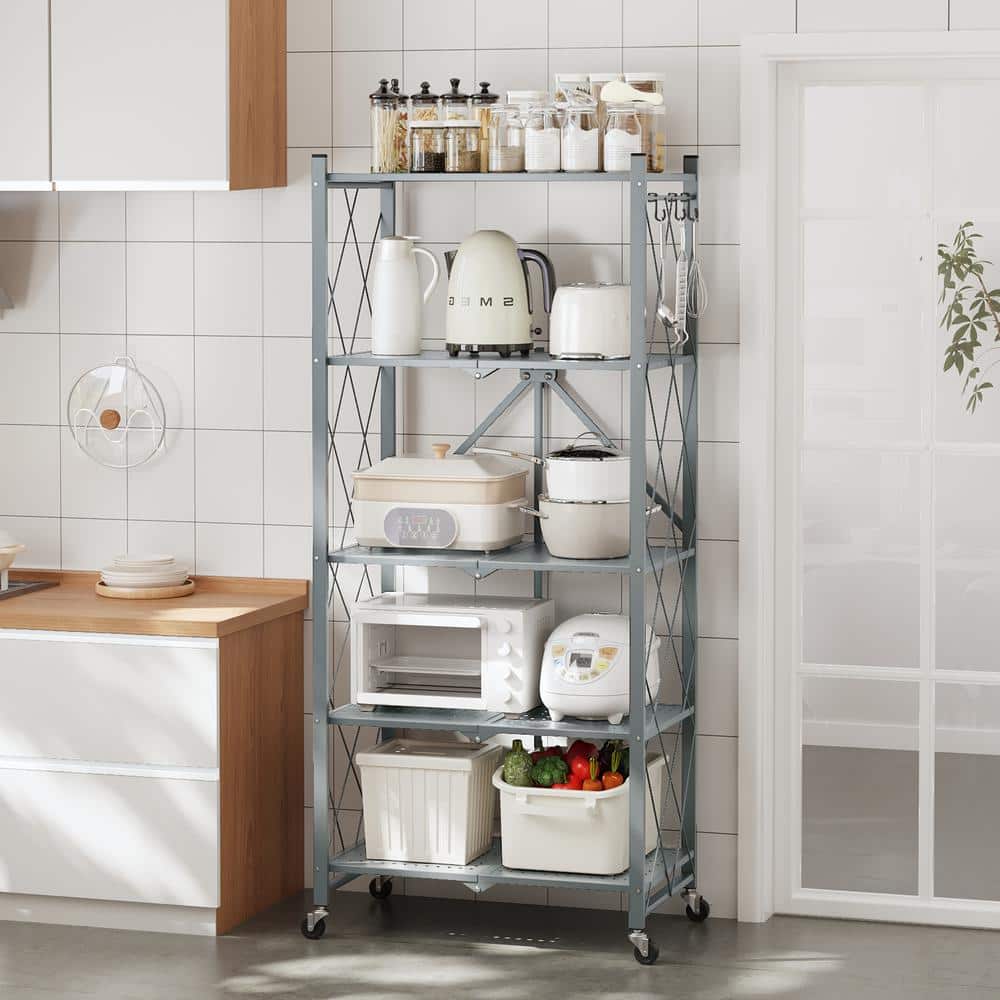 5-Tier Grey Foldable Metal Rack Storage Shelving Unit, Kitchen Shelf with Wheels