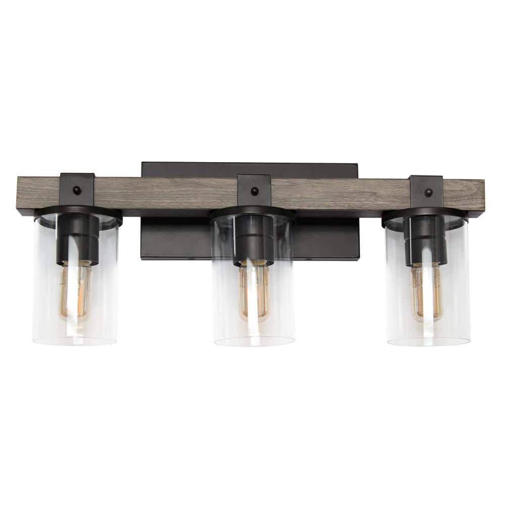 3-Light Gray Industrial Rustic Lantern Restored Wood Look Bath Vanity Light