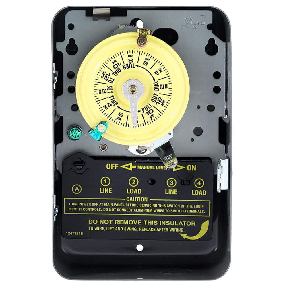 T100 Series 40 Amp 24 - Hour Indoor Mechanical Timer with Double Pole Single Throw Switching 240 VAC, Gray - Stu's Home Improvement Outlet