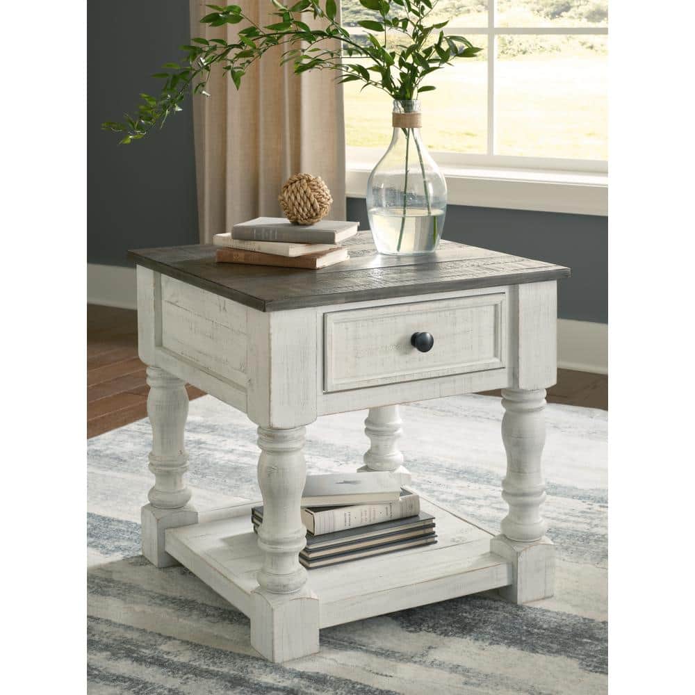 Havalance 25 in. White/ Gray Squre Wood End Table with Drawer and Lower Shelf - Stu's Home Improvement Outlet