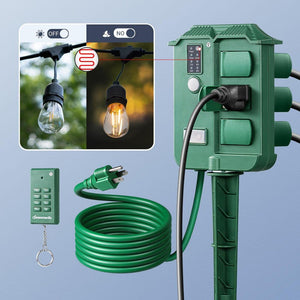 Outdoor Power Stake Timer Waterproof, 100 ft. Wireless Remote Control, 6 Grounded Outlets, 6 ft. Extension Cord - Stu's Home Improvement Outlet