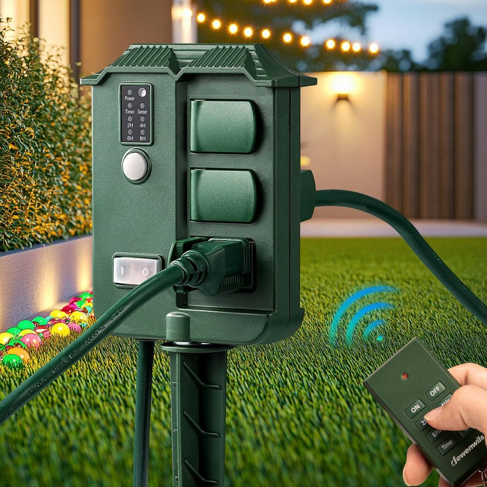 Outdoor Power Stake Timer Waterproof, 100 ft. Wireless Remote Control, 6 Grounded Outlets, 6 ft. Extension Cord - Stu's Home Improvement Outlet