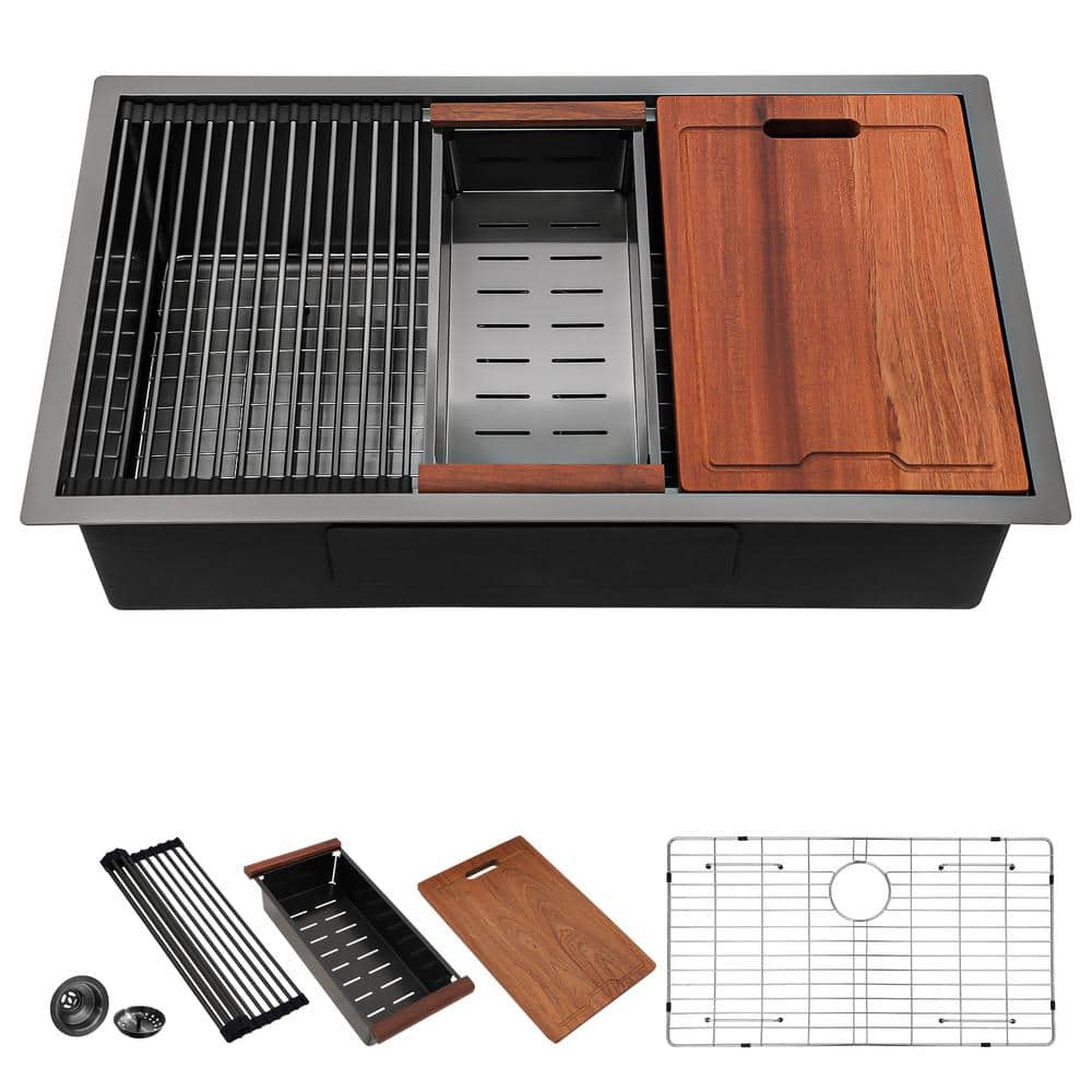 33 in. Gun Black Drop - In Workstation 16 - Gauge Stainless Steel Single Bowl Undermount Kitchen Sink with Cutting Board - Stu's Home Improvement Outlet
