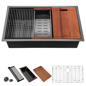 33 in. Gun Black Drop - In Workstation 16 - Gauge Stainless Steel Single Bowl Undermount Kitchen Sink with Cutting Board - Stu's Home Improvement Outlet