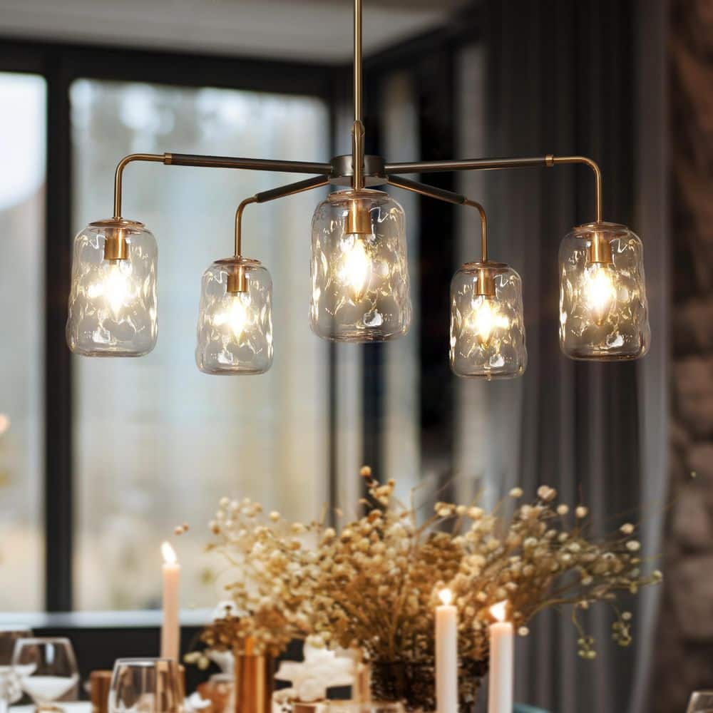 28.7 in. W Modern 5 - Light Gunmetal Gray and Brass Branch Chandelier for Living Room with Mason Jar Textured Glass Shade - Stu's Home Improvement Outlet