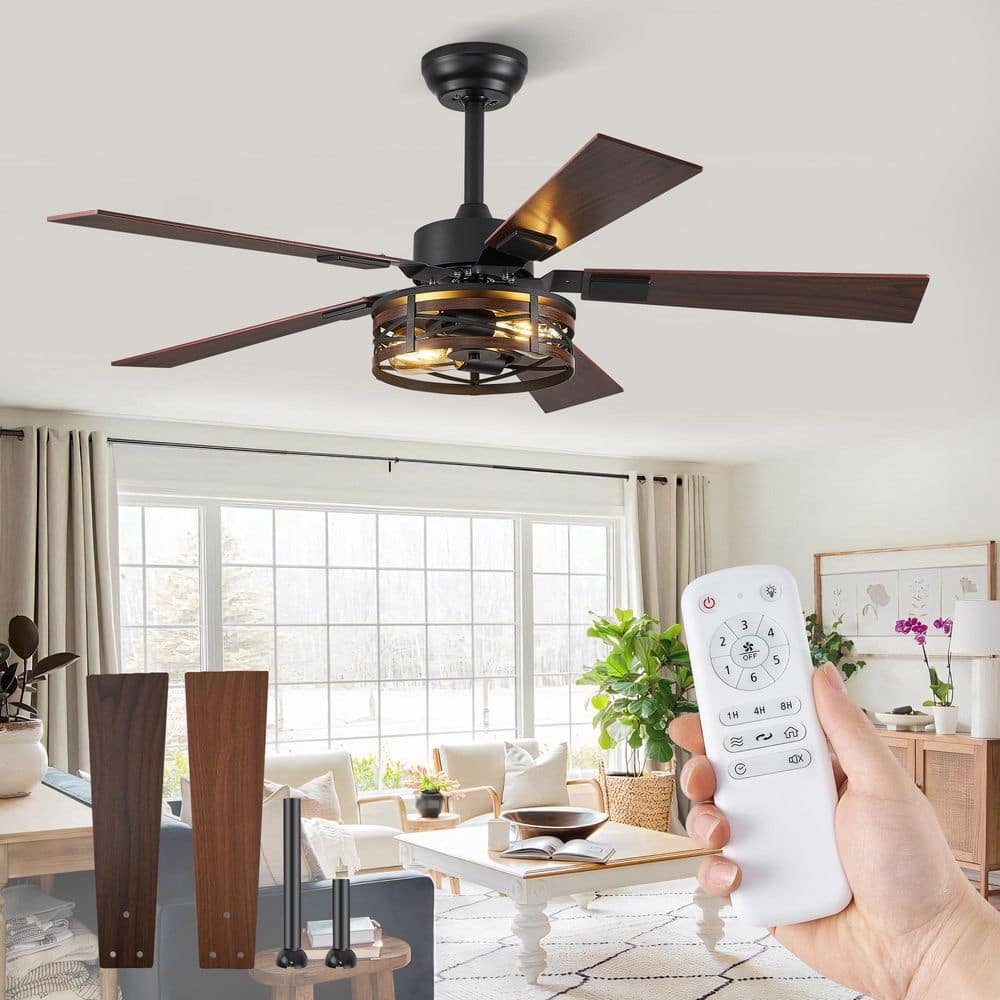 48 in. Indoor Black Farmhouse Dual Finish 5 Blades 6 - Speed Rustic Caged Ceiling Fan with Light Kit and Remote Control - Stu's Home Improvement Outlet