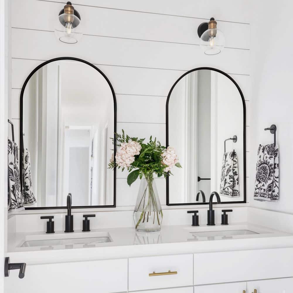24 in. W x 36 in. H Arched Black Aluminum Alloy Framed Wall Mirror Decorative Wall Mirror (2-Pieces)