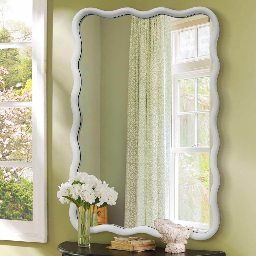 24 in. W x 36 in. H Rectangle White Wood Framed Wavy Wall Mirror