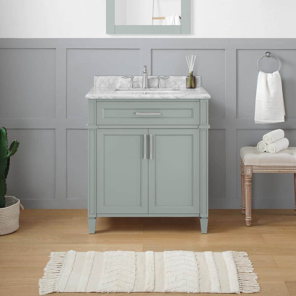 Caville 30 in. W x 22 in. D x 34.5 in. H Bath Vanity in Sage Green with Carrara Marble Top