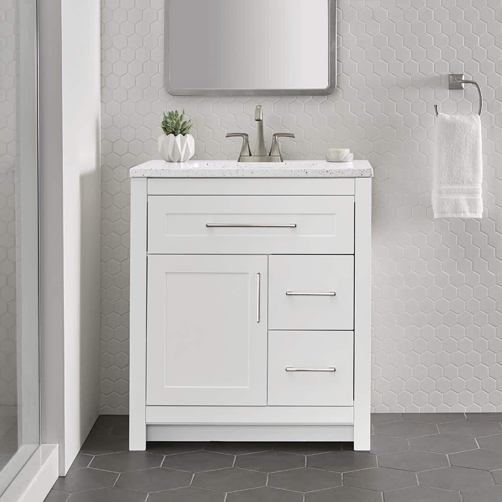 Clady 30.5 in. W x 18.8 in. D x 35.4 in. H Freestanding Bath Vanity in White with Silver Ash Cultured Marble Top