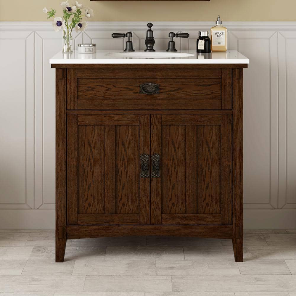 Artisan 33 in. W x 21 in. D x 35 in. H Single Sink Freestanding Bath Vanity in Dark Oak with White Marble Top