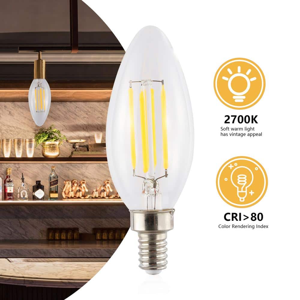 40 - Watt Equivalent C35 Non - Dimmable LED Edison Glass Bulbs w/ E12 Base, 80+ CRI, WW 2700K, 420 Lumens, Clear (Pack of 6) - Stu's Home Improvement Outlet